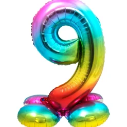 Cijfer ballon met standaard Regenboog 81 cm